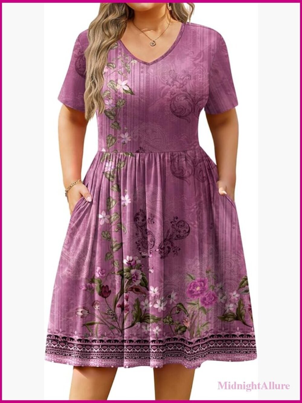 Plus Size Short Sleeve V-Neck A-Line Knee Length Dress with Pockets